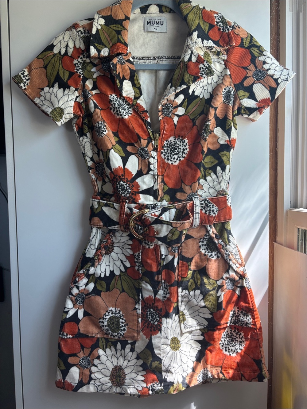 Show Me Your MuMu Orange, White & Green Floral Belted Mini Dress